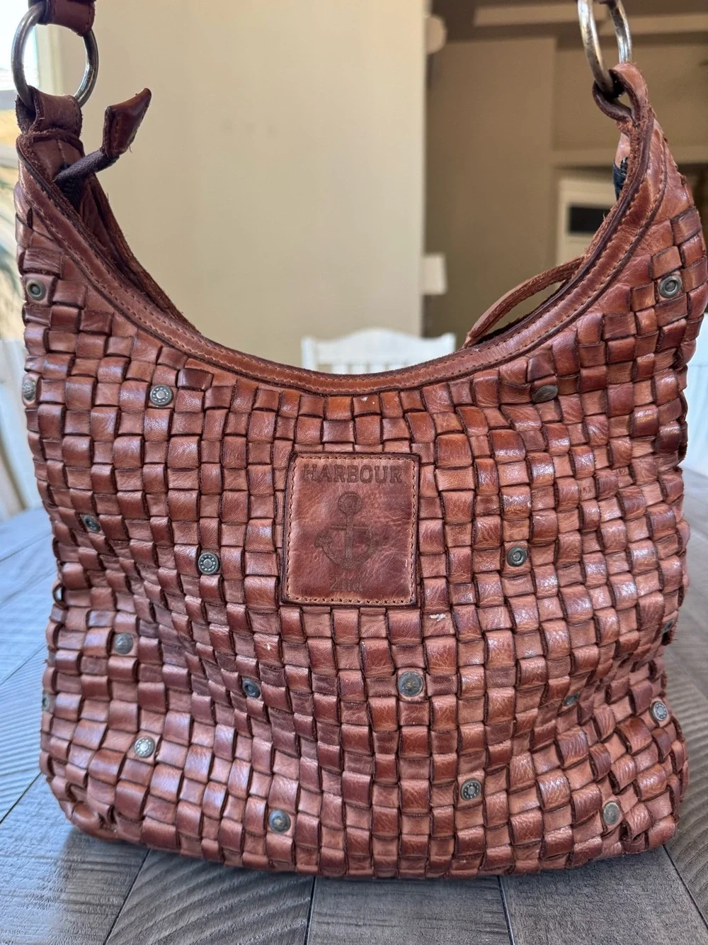 Harbour 2nd Tuula Woven Leather Riveted Distressed Hobo Shoulder Bag Purse